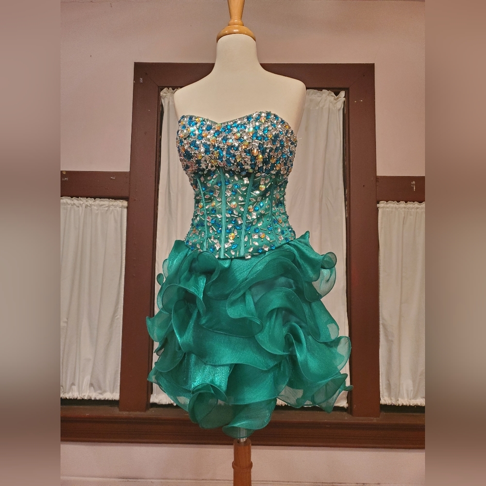 Beaded Bodice Green Ruffly Shortie Dress